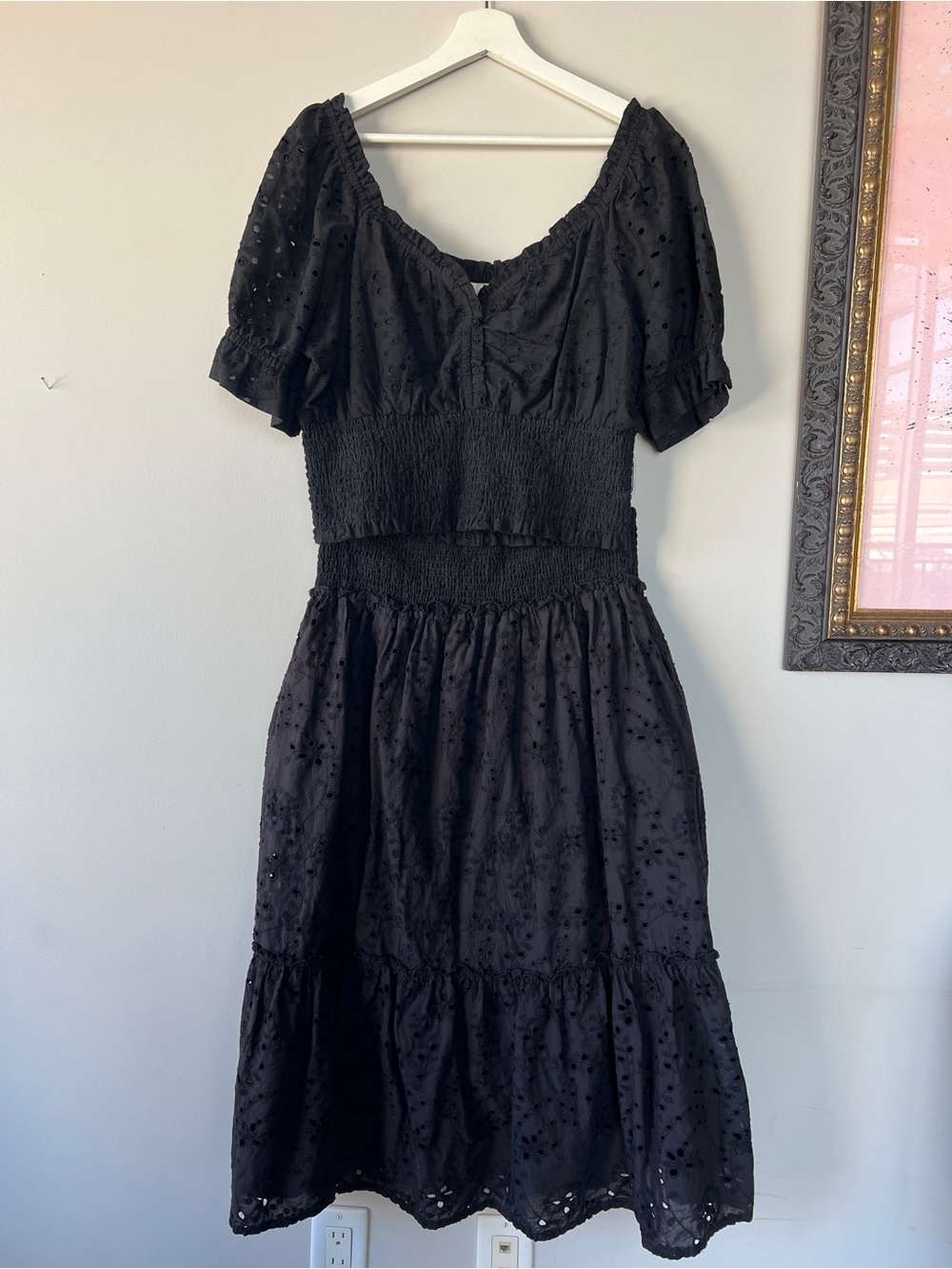 Black Eyelet Smocked Peplum Crop Top & Skirt 2 Piece Set- Women